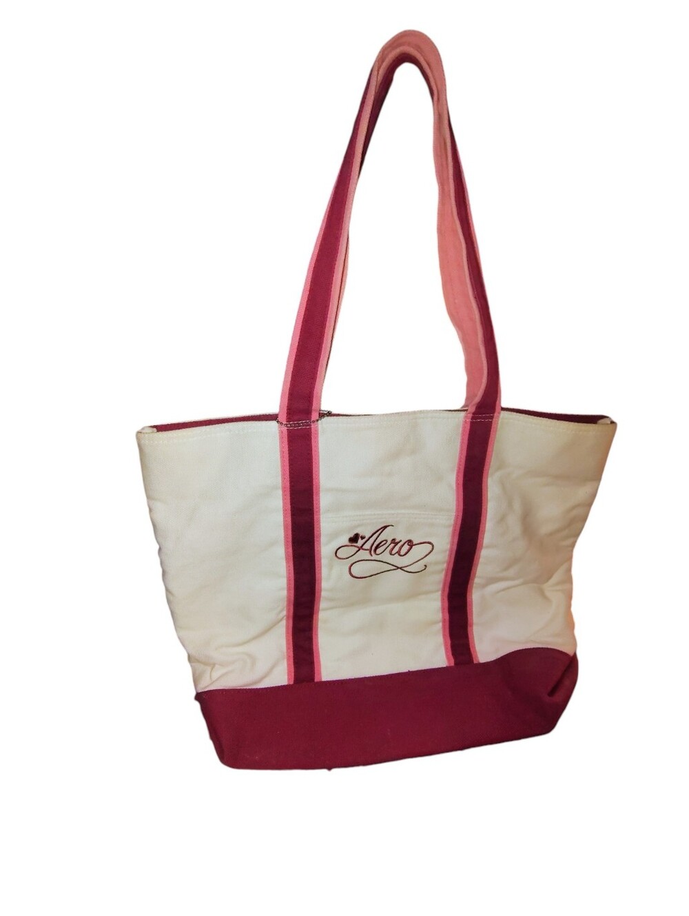 Aeropostale Cream Burgundy and Pink Canvas Tote with Script Logo   53